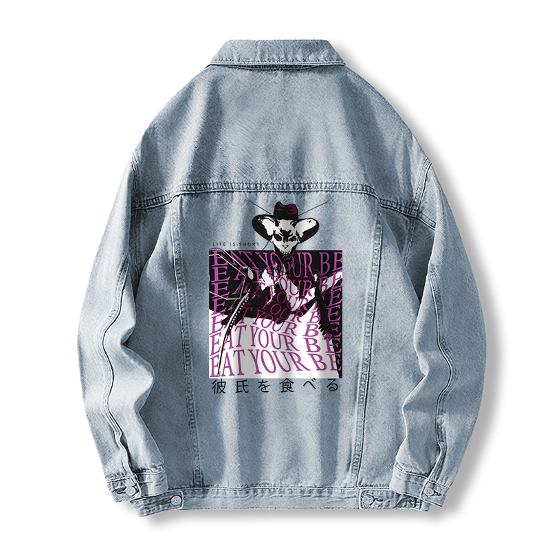 Tokyocanvas Life is Short Praying Mantis Jean Jackets