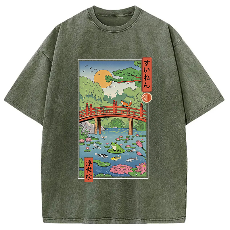 Tokyocanvas Water Lilies Ukiyo-e Washed T-Shirt