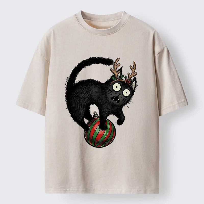 Tokyocanvas Black Cat Playing With Christmas Bauble Washed T-Shirt