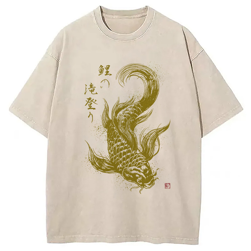 Tokyocanvas Koi Carp Japanese Calligraphy Washed T-Shirt