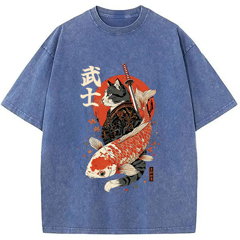 Tokyocanvas Samurai Cat And Koi Washed T-Shirt