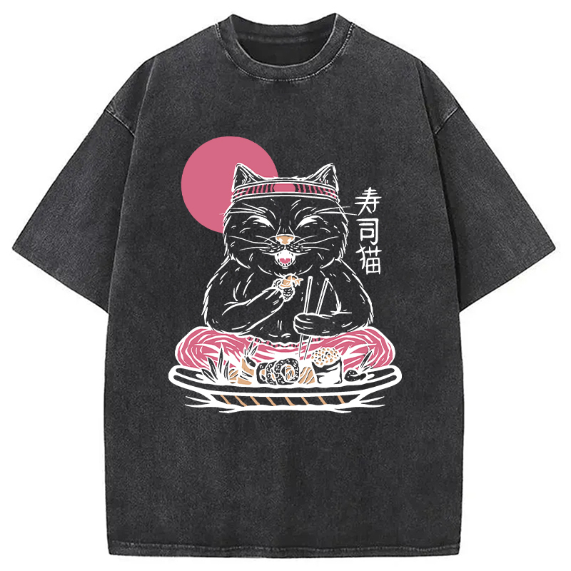 Tokyocanvas Cute Sushi Cat Eating Washed T-Shirt