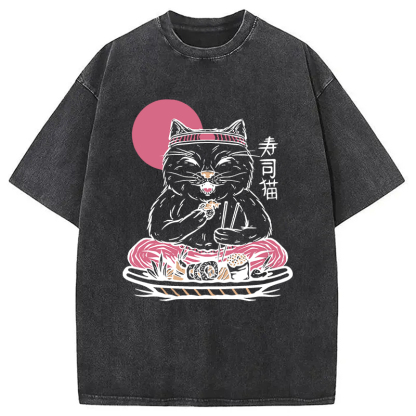 Tokyocanvas Cute Sushi Cat Eating Washed T-Shirt
