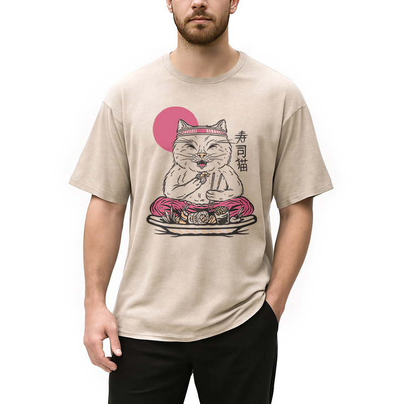 Tokyocanvas Cute Sushi Cat Eating Washed T-Shirt
