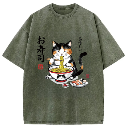 Tokyocanvas Cats Eat Japanese Food Washed T-Shirt