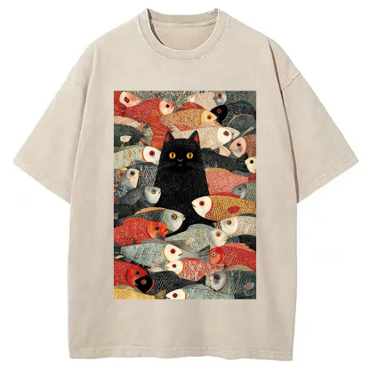 Tokyocanvas Black Cat Koi Fish Washed T-Shirt