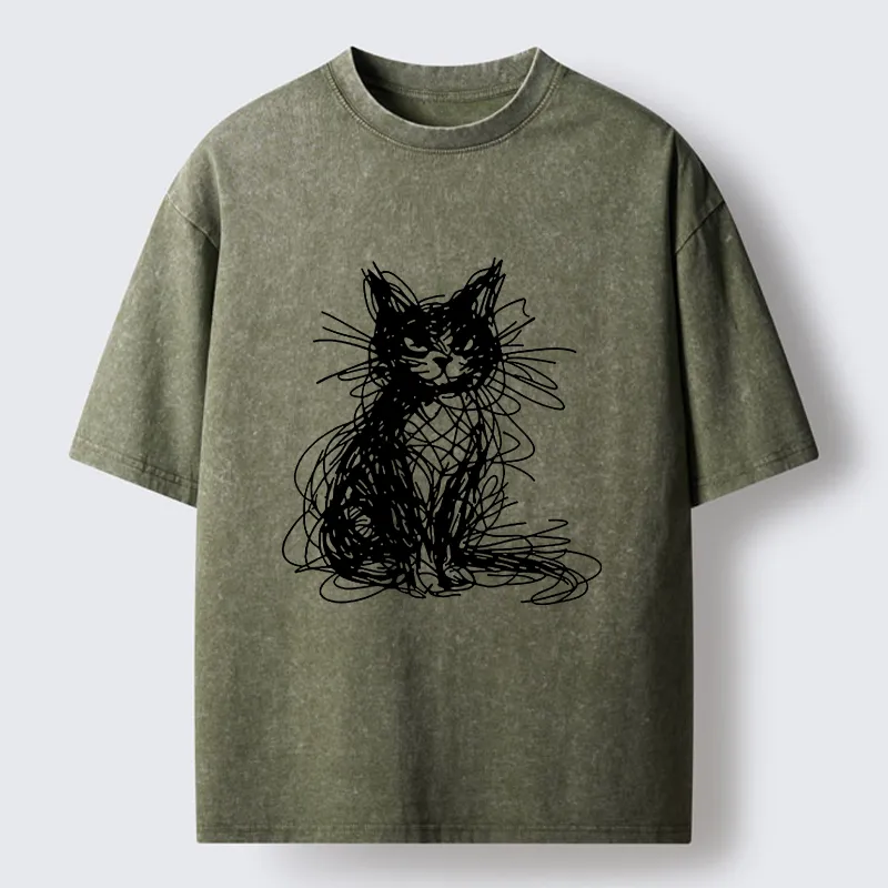 Tokyocanvas Funny Messy Line Cat Washed T-Shirt