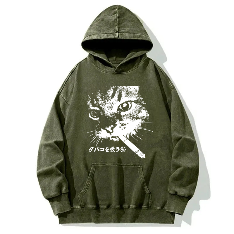 Tokyocanvas Retro Cat Smoking Washed Hoodie