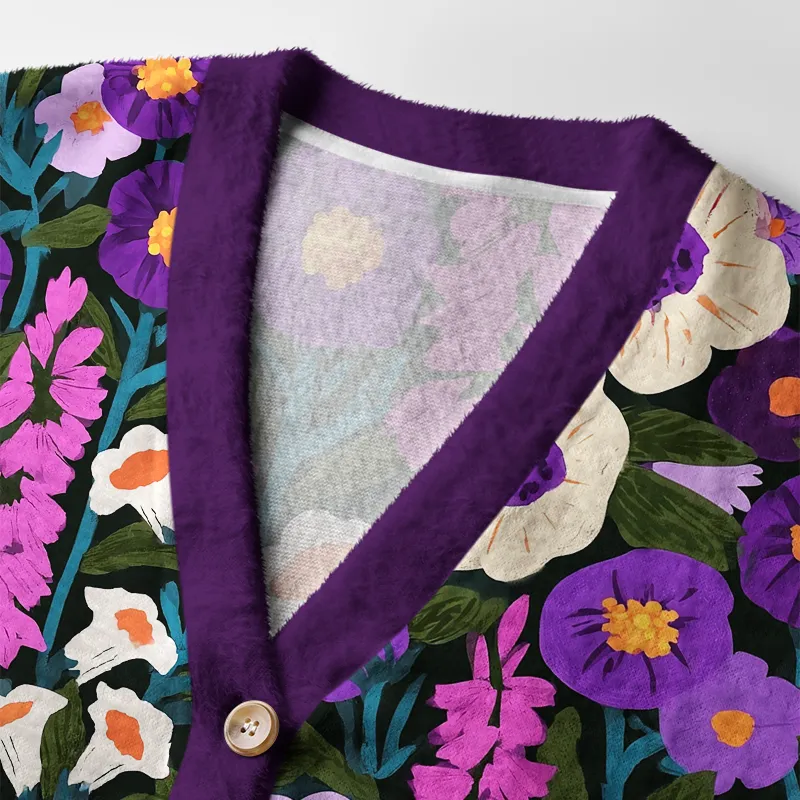 Tokyocanvas Folk Art Botanical Floral Fuzzy Ugly Cardigan Sweatshirt