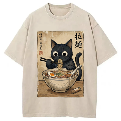 Tokyocanvas Kawaii Ramen Cat Retro Washed T-Shirt