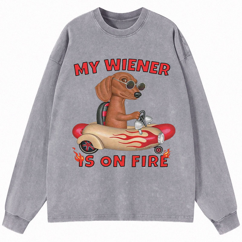 Tokyocanvas My Wiener Is On Fire Funny Dog Long Sleeve Washed T-Shirt
