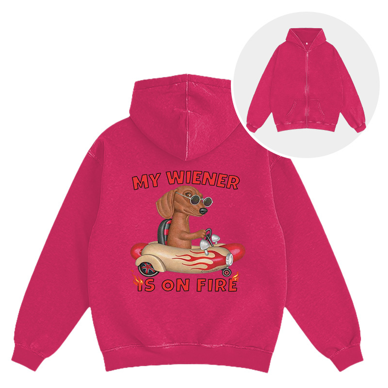 Tokyocanvas My Wiener Is On Fire Funny Dog Washed Zip Hoodie