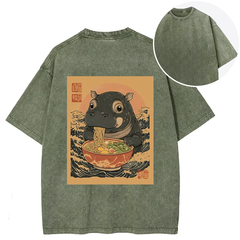 Tokyocanvas Moo Deng Eat Ramen Back Washed T-Shirt