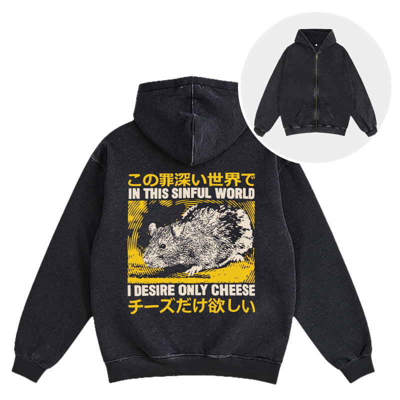 Tokyocanvas In this Sinful Word I Desire Only Cheese Washed Zip Hoodie