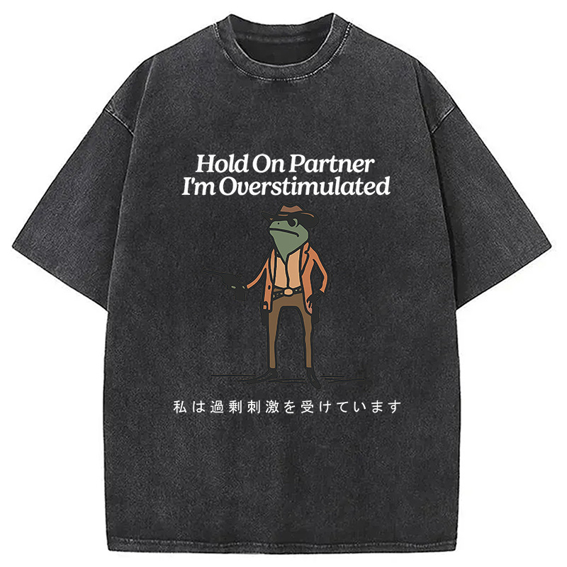 Tokyocanvas Hold On Partner I'm Overstimulated Washed T-Shirt