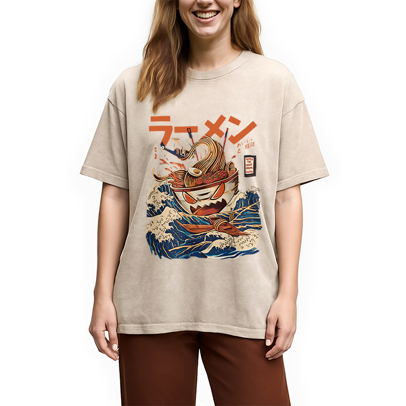 Tokyocanvas The Great Wave Ramen Yokai Washed T-Shirt
