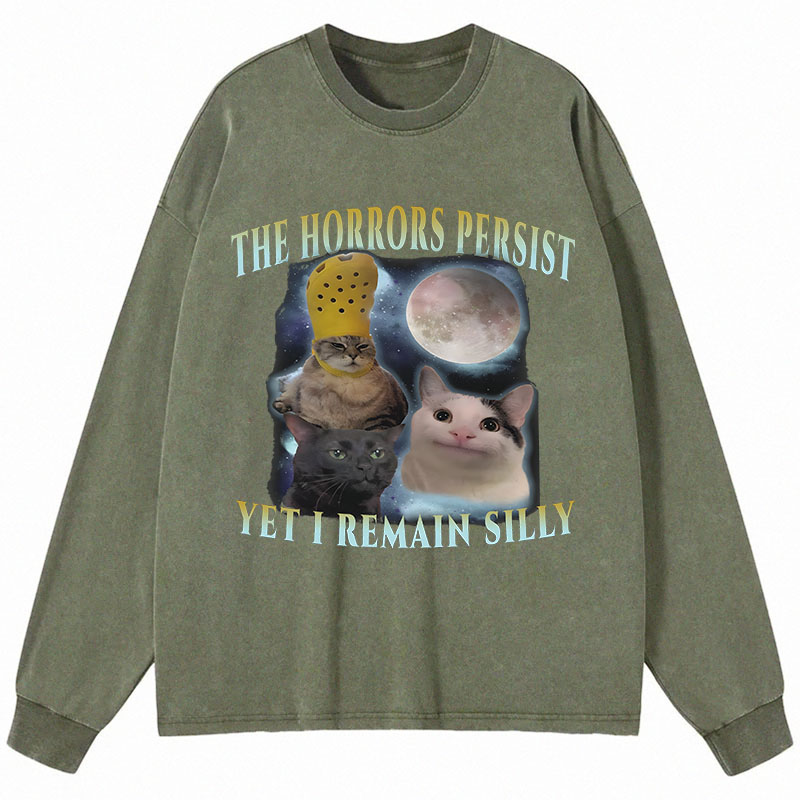Tokyocanvas The Horrors Persist Yet I Remain Silly Cat Long Sleeve Washed T-Shirt
