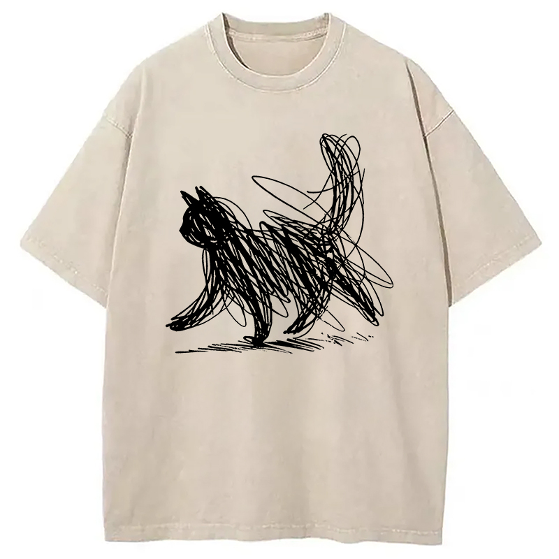 Tokyocanvas Minimalist Cat Art Washed T-Shirt For Sale