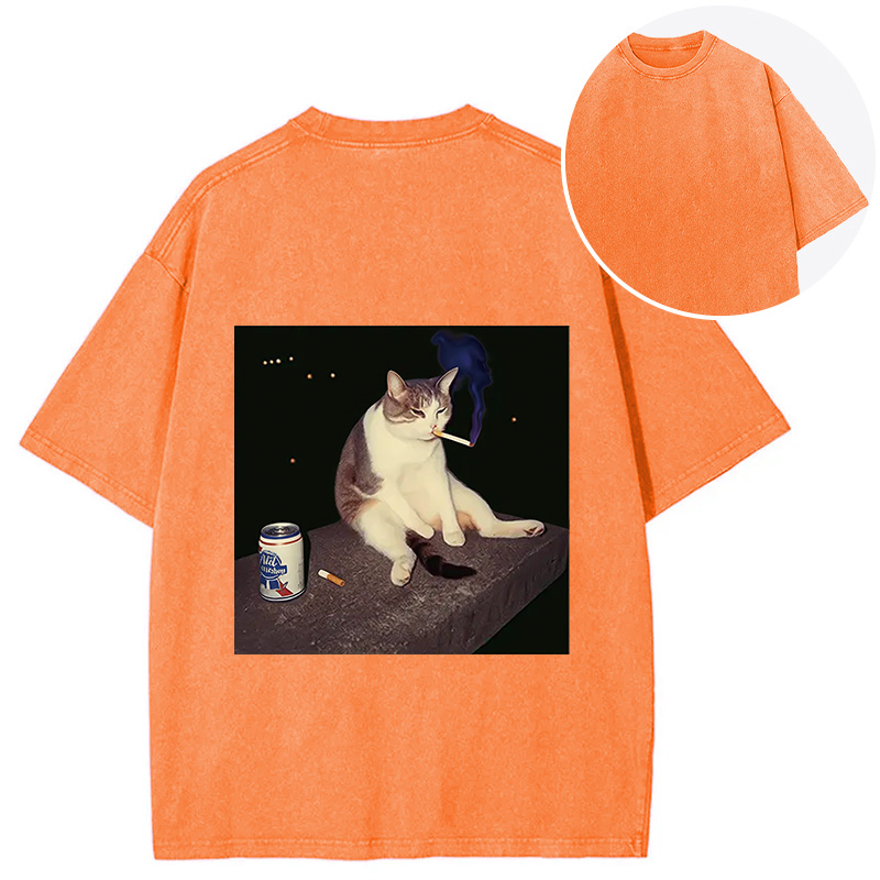 Tokyocanvas Cigarette Kitten Funny Smoking Cat Meme Back Washed T-Shirt