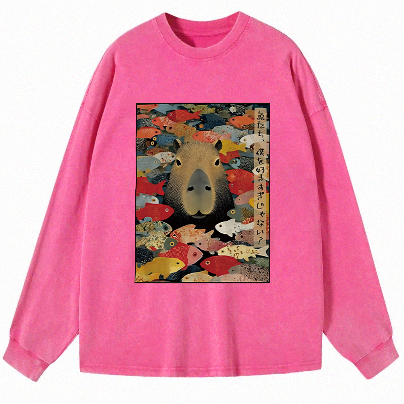 Tokyocanvas Am I Too Lovable Capybara Long Sleeve Washed T-Shirt