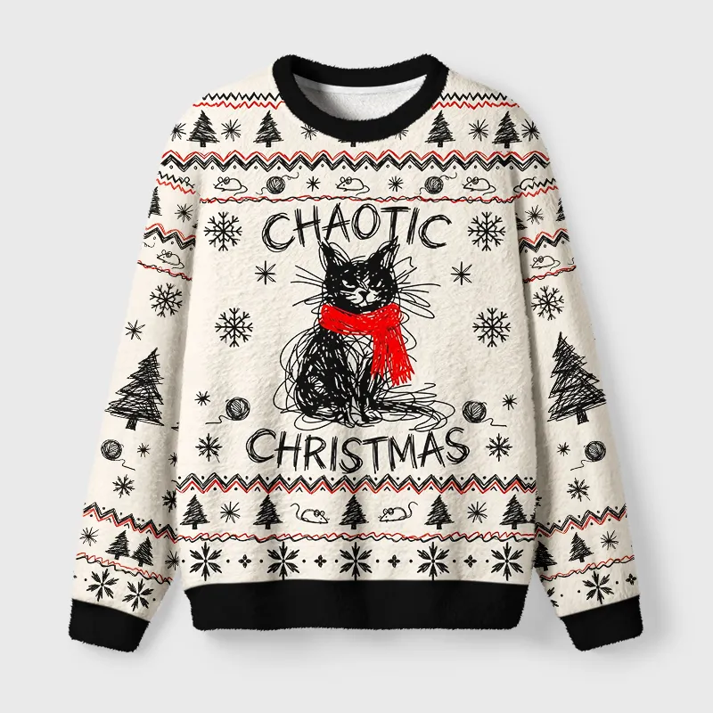 Tokyocanvas Funny Messy Line Cat Fuzzy Christmas Ugly Sweatshirt