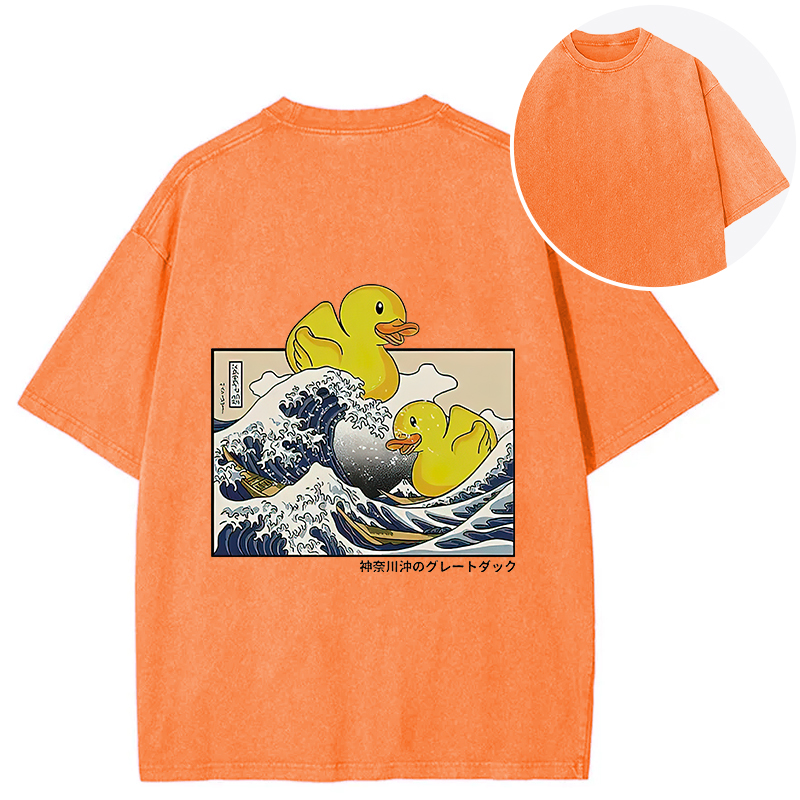 Tokyocanvas Ukiyoe Waves And Cute Yellow Duck Back Washed T-Shirt