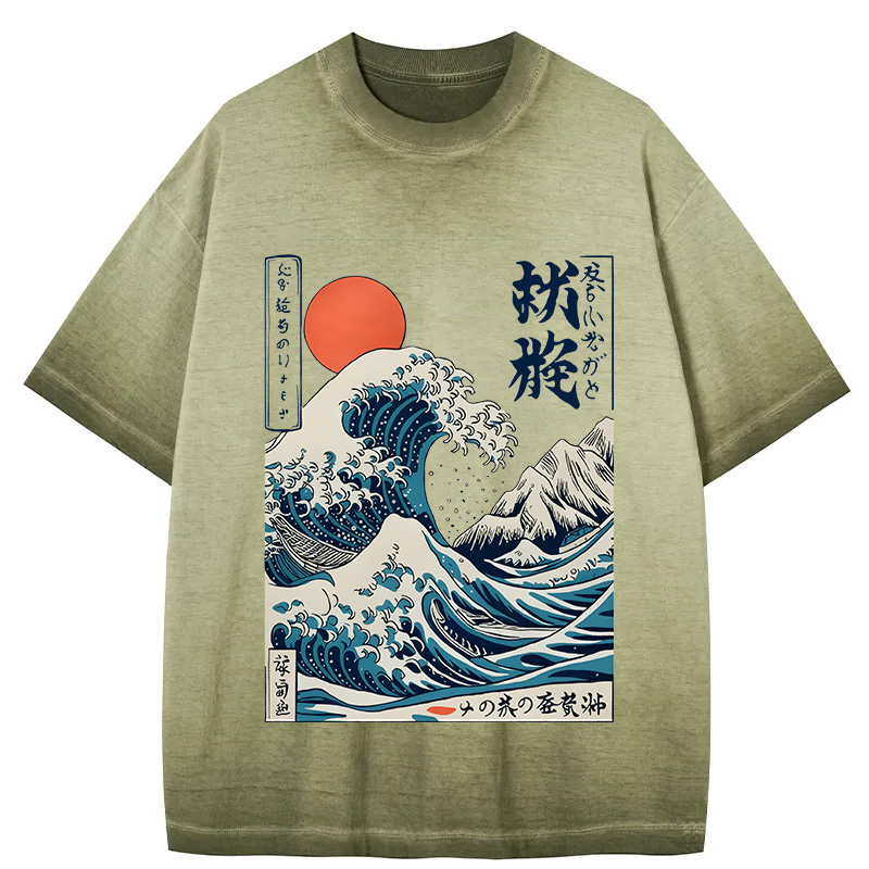 Tokyocanvas Ukiyo-e Ocean Waves Japan Gradient Washed T-Shirt