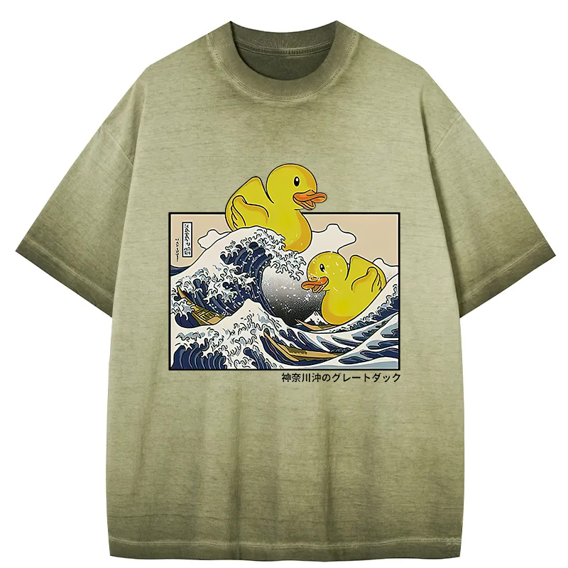 Tokyocanvas Ukiyoe Waves And Cute Yellow Duck Gradient Washed T-Shirt