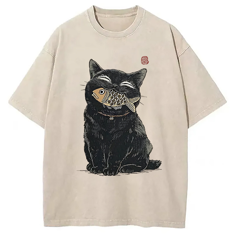 Tokyocanvas Happy Black Cat Washed T-Shirt