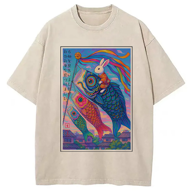 Tokyocanvas Ukiyoe Rabbit Ride Carp streamer Poster Washed T-Shirt