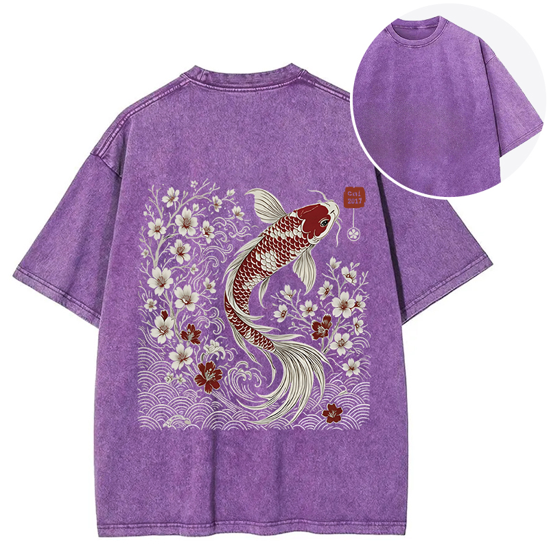 Tokyocanvas Vintage Sakura And Koi Back Washed T-Shirt