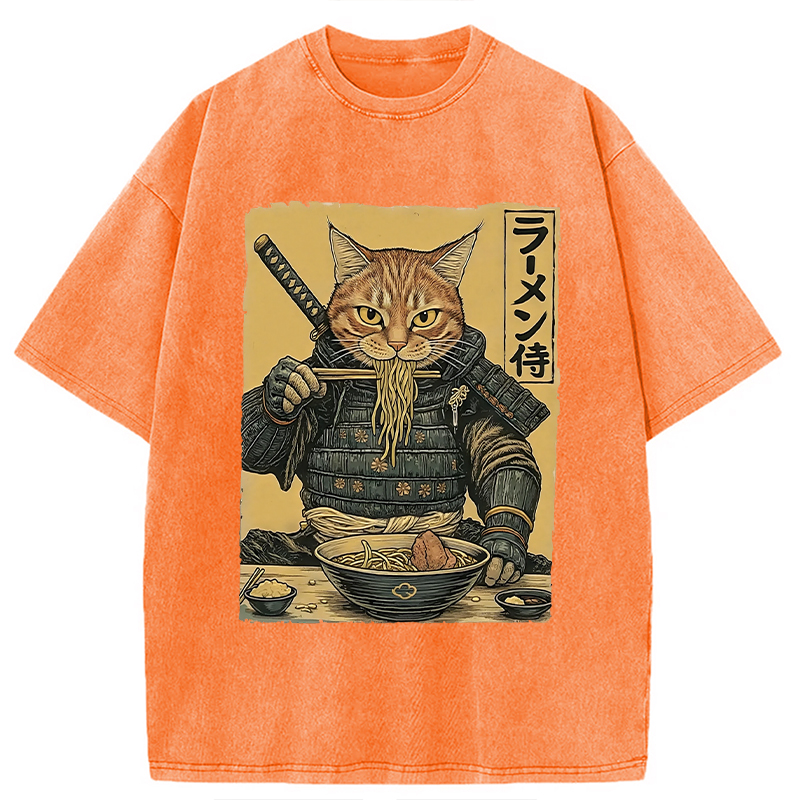 Tokyocanvas Cat General Eating Ramen Washed T-Shirt