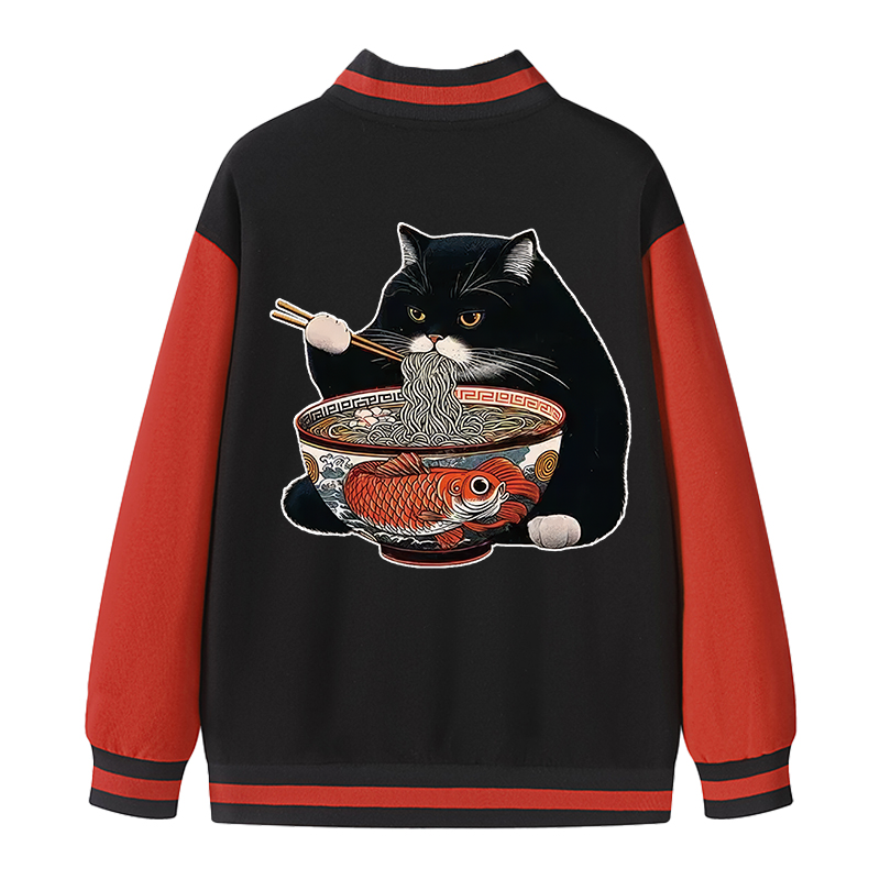 Tokyocanvas Fat Cat Eating Ramen Varsity Jacket
