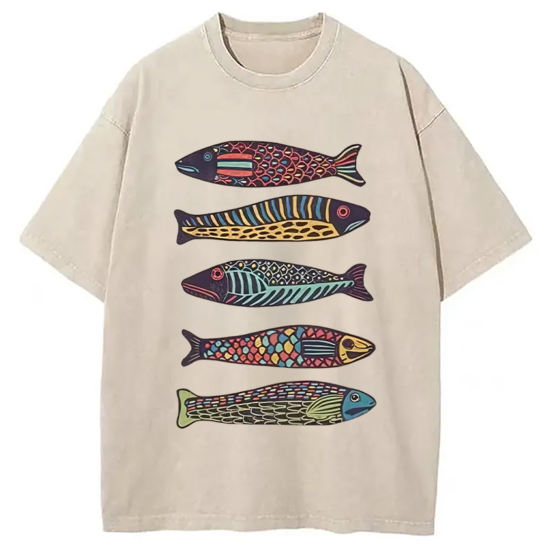 Tokyocanvas Colourful Schools Of Fish Washed T-Shirt