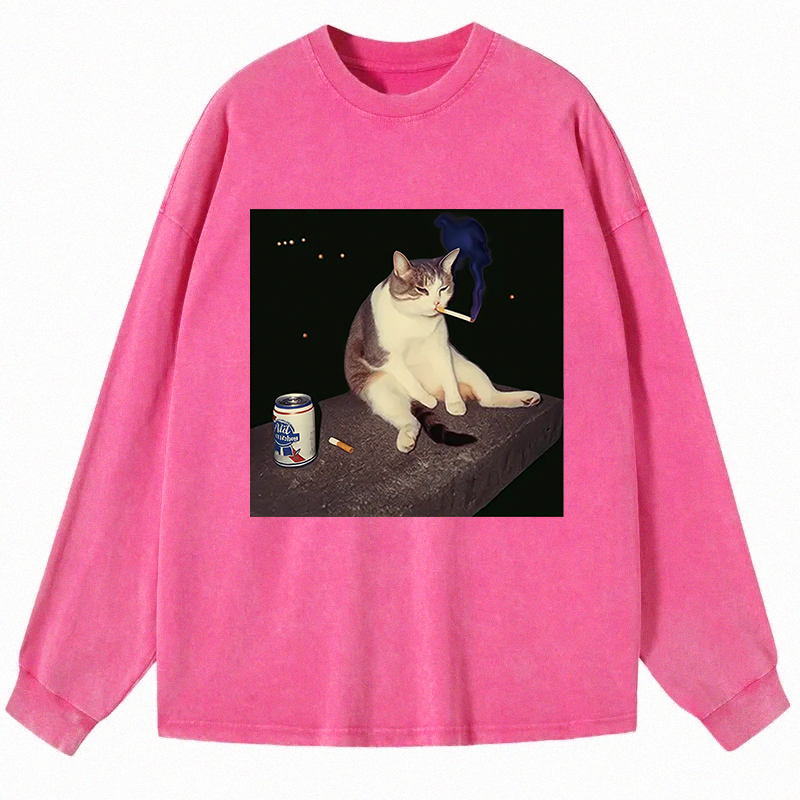 Tokyocanvas Cigarette Kitten Funny Smoking Cat Meme Long Sleeve Washed T-Shirt