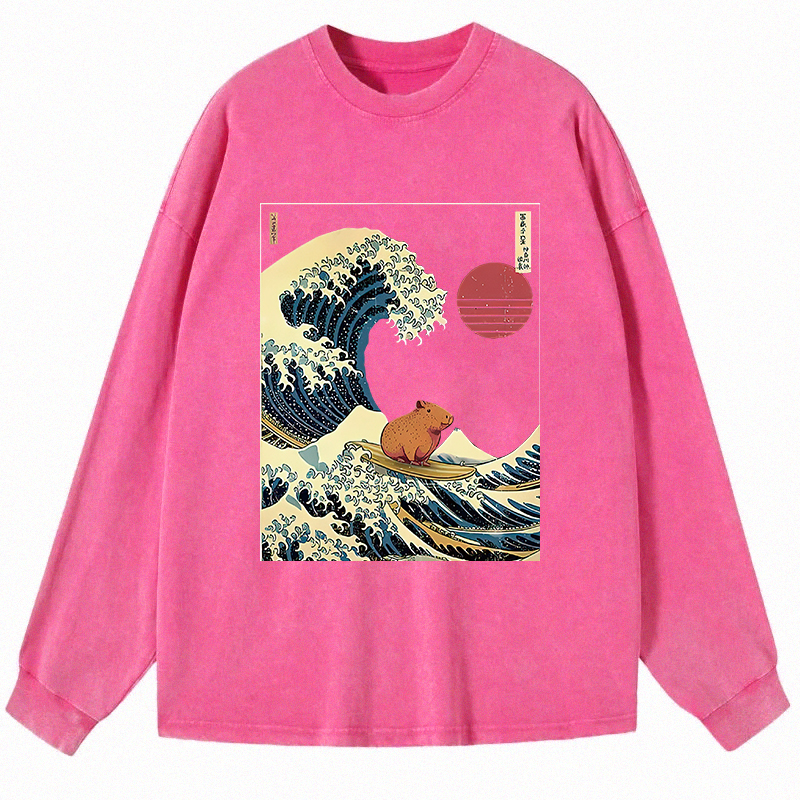 Tokyocanvas Capybara Surfing Long Sleeve Washed T-Shirt