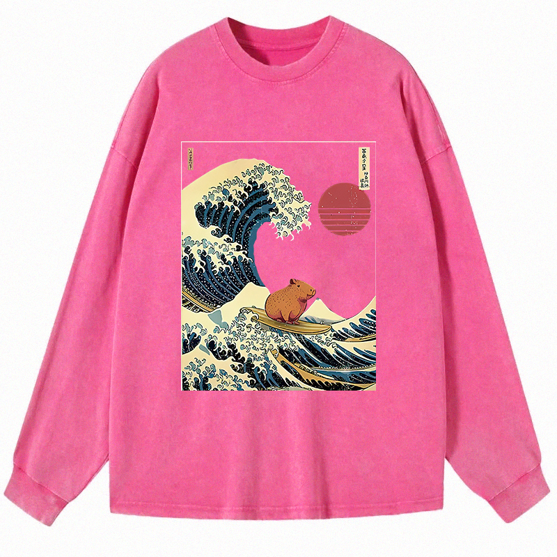 Tokyocanvas Capybara Surfing Long Sleeve Washed T-Shirt