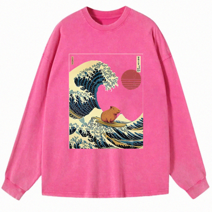 Tokyocanvas Capybara Surfing Long Sleeve Washed T-Shirt