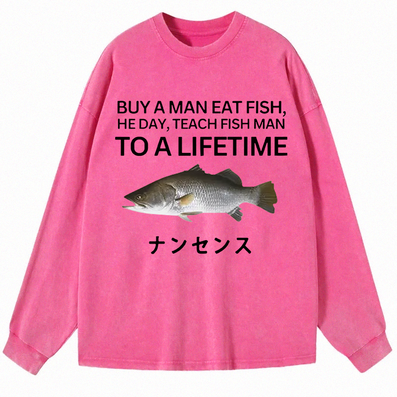Tokyocanvas Buy a Man Eat Fish Long Sleeve Washed T-Shirt