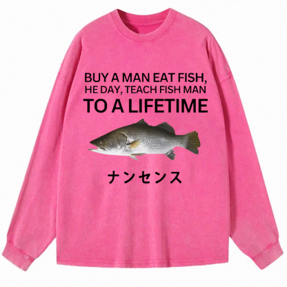 Tokyocanvas Buy a Man Eat Fish Long Sleeve Washed T-Shirt