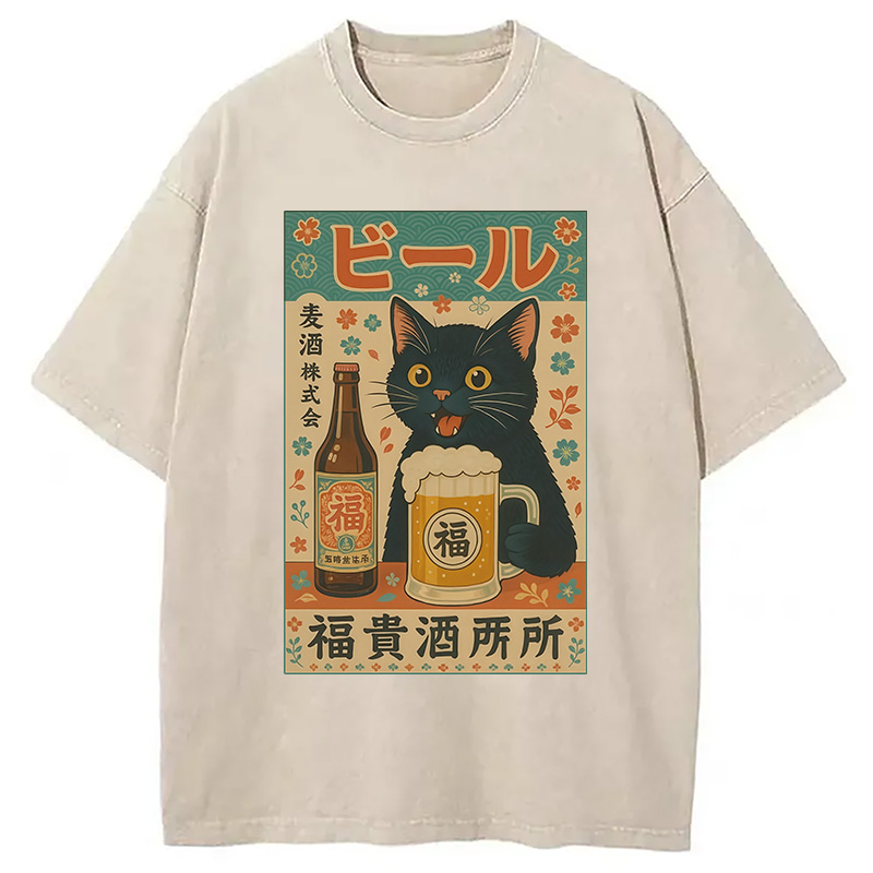 Tokyocanvas Japanese Black Cat Beer Washed T-Shirt