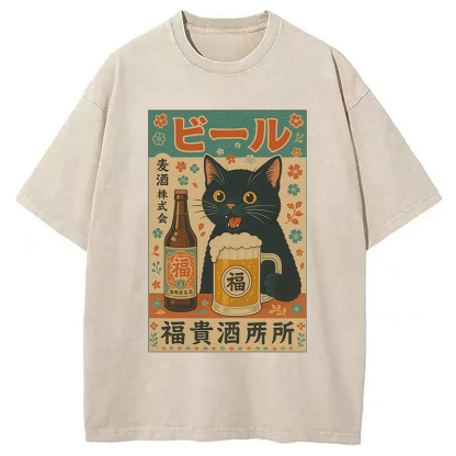 Tokyocanvas Japanese Black Cat Beer Washed T-Shirt