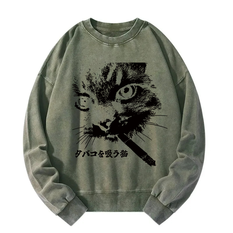 Tokyocanvas Retro Cat Smoking Washed Sweatshirt