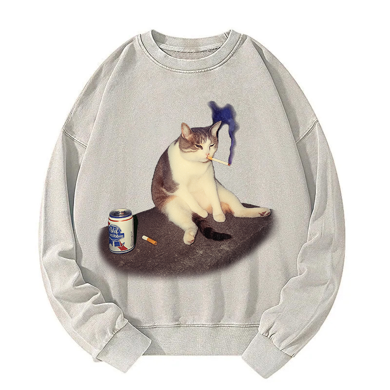Tokyocanvas Custom Cat Smoking Meme Washed Sweatshirt