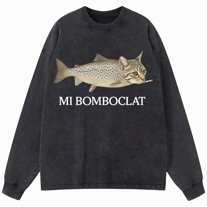 Tokyocanvas Bomboclat Fish Cat Meme Long Sleeve Washed T-Shirt