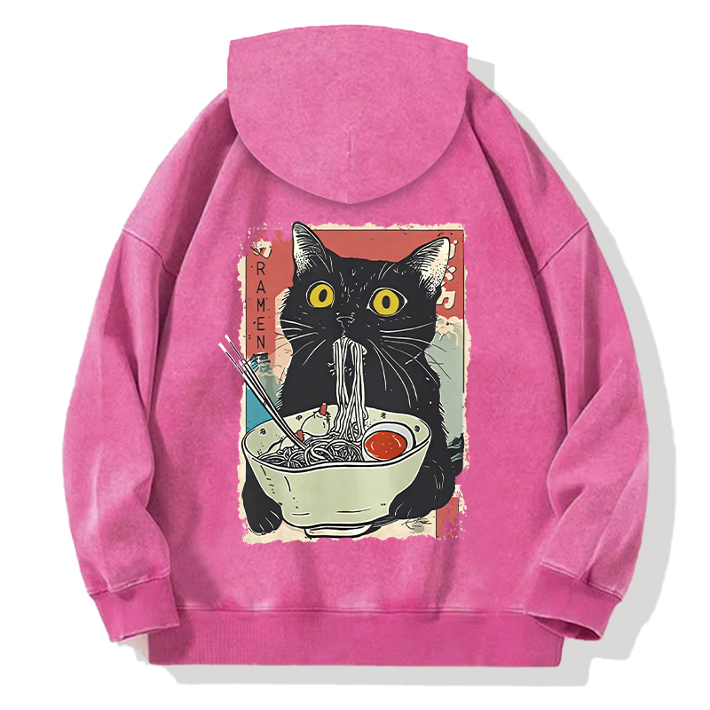 Tokyocanvas Cute Cat Eating Ramen Back Washed Hoodie
