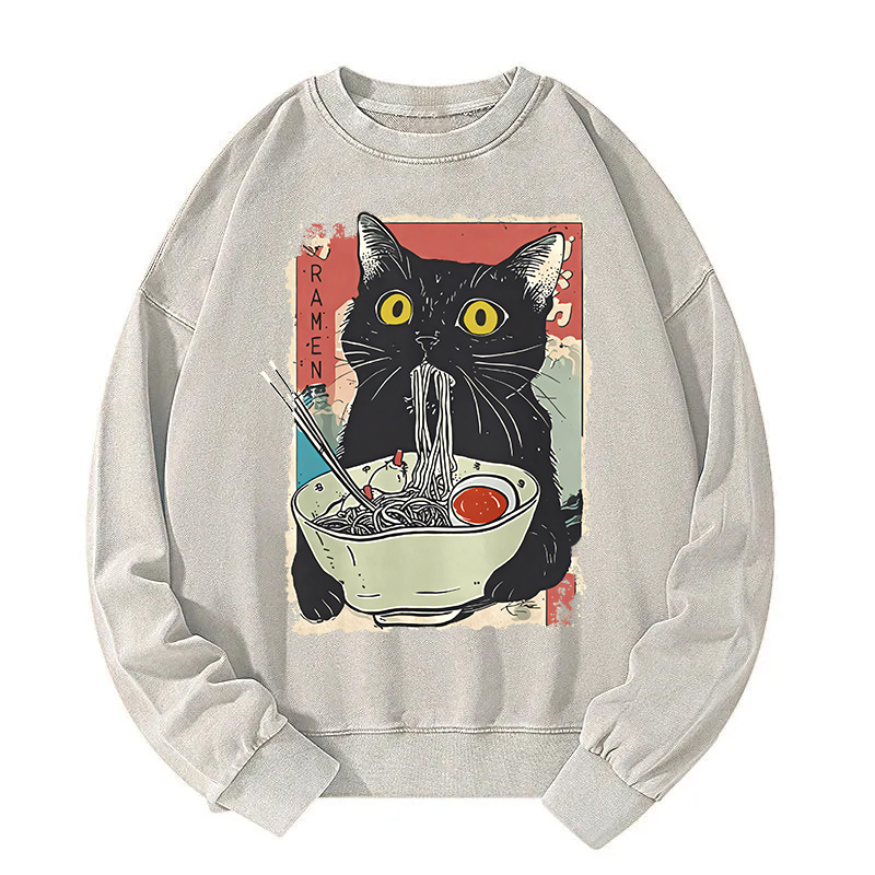 Tokyocanvas Cute Cat Eating Ramen Washed Sweatshirt