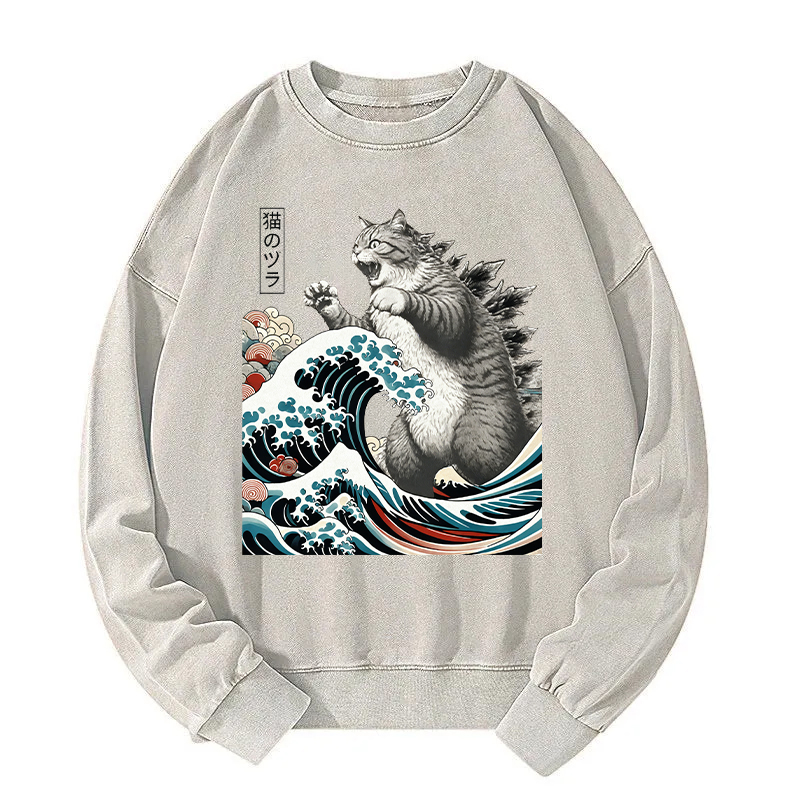 Tokyocanvas Godzilla Ukiyoe Great Wave Vintage Japanese Design Washed Sweatshirt
