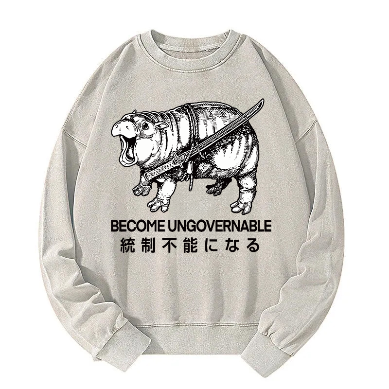 Tokyocanvas Moo Deng Carrying A Samurai Sword Washed Sweatshirt