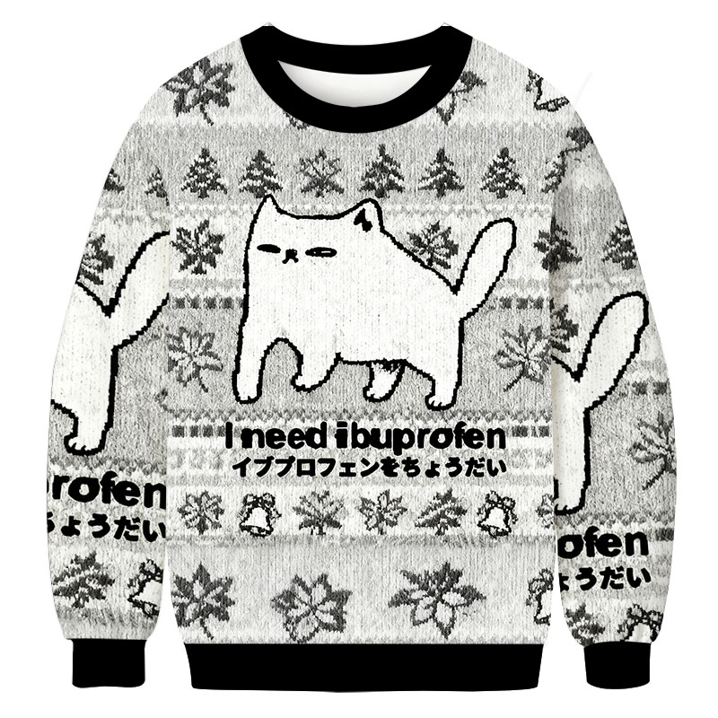 Tokyocanvas I Need Ibuprofen Cat Christmas Ugly Sweatshirt